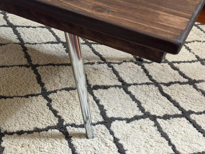 Steel and Solid Wood Midcentury Coffee Cocktail Table with Retro Chrome Steel