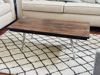 Steel and Solid Wood Midcentury Coffee Cocktail Table with Retro Chrome Steel