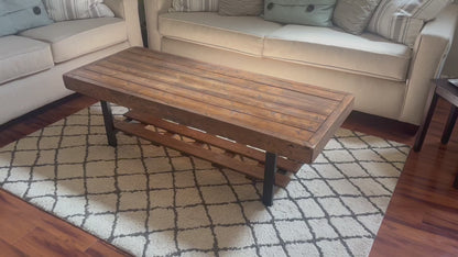 Steel and Wood Weathered Coffee Table With Shelf - Square Legs Style