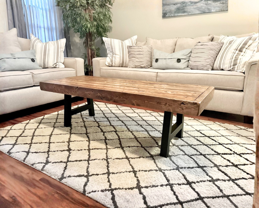 Steel and Pine Wood Weathered Coffee Table - Square Legs - Real Wood Furniture