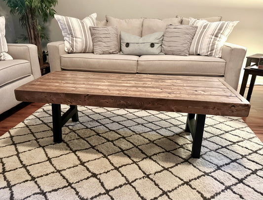 Steel and Pine Wood Weathered Coffee Table - Square Legs - Real Wood Furniture