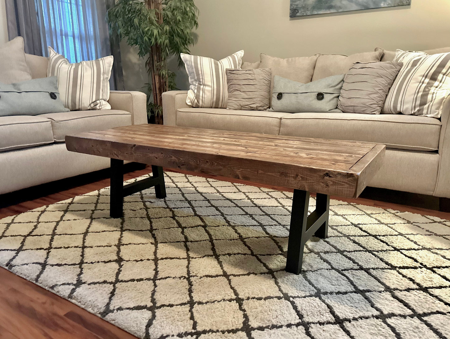 Steel and Pine Wood Weathered Coffee Table - Square Legs - Real Wood Furniture