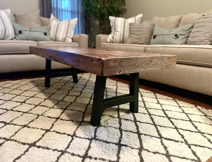 Steel and Pine Wood Weathered Coffee Table - Square Legs - Real Wood Furniture