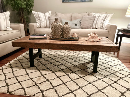Steel and Pine Wood Weathered Coffee Table - Square Legs - Real Wood Furniture