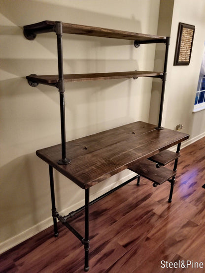 Steel and Wood Desk - 2 Desk Shelves and 2 Wall Shelves