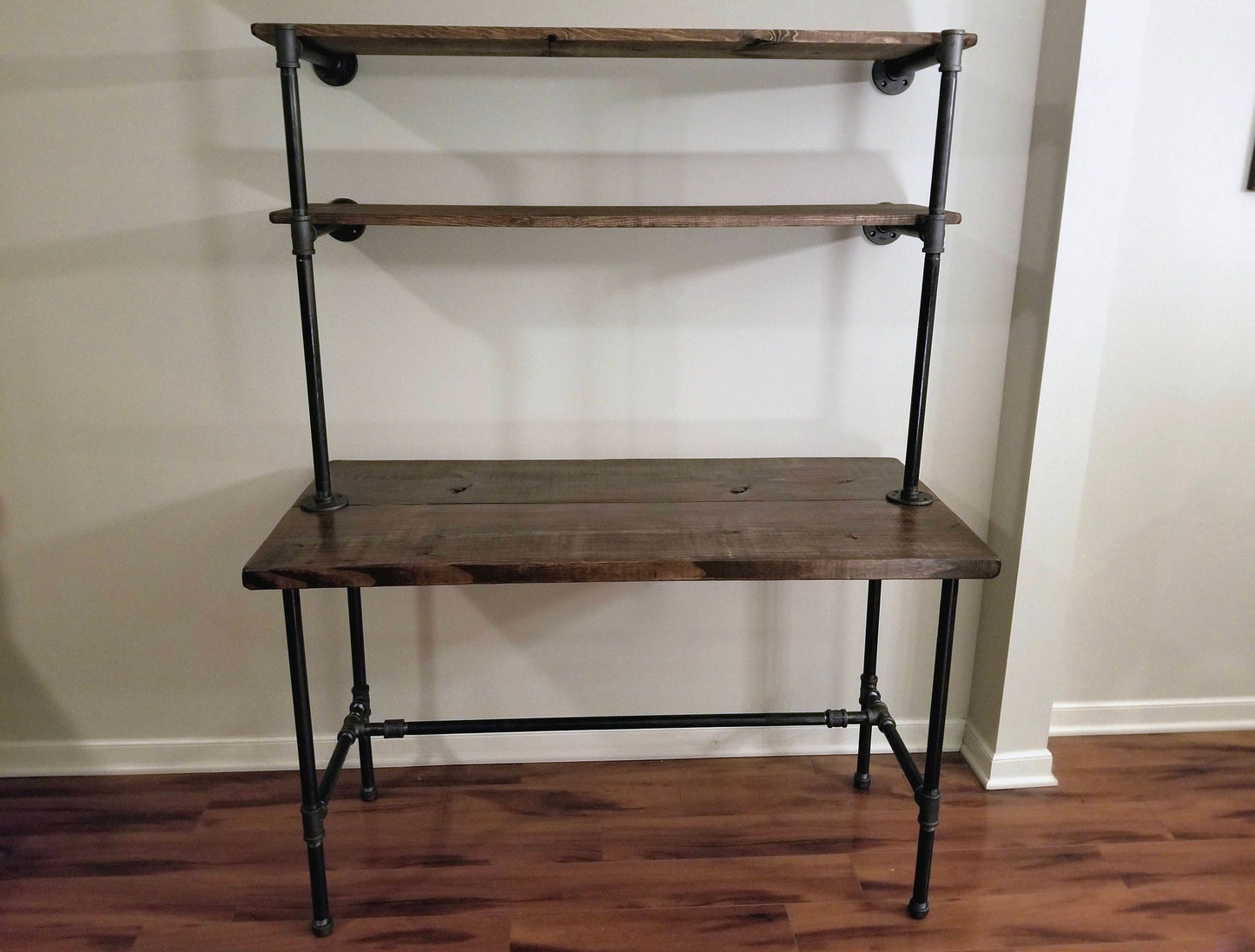 Steel and Wood Desk - Office Iron Pipe Desk with 2 Wall Shelves - Multiple Shelf - Free Shipping