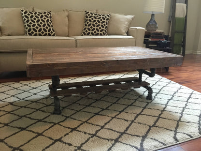 Steel and Pine Wood Weathered Coffee Table w/ Cross Shelf