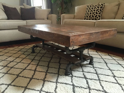 Steel and Pine Wood Weathered Coffee Table w/ Cross Shelf
