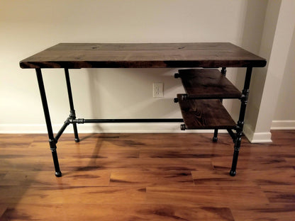 Steel and Wood Desk - Office Iron Pipe Desk with 2 Shelves