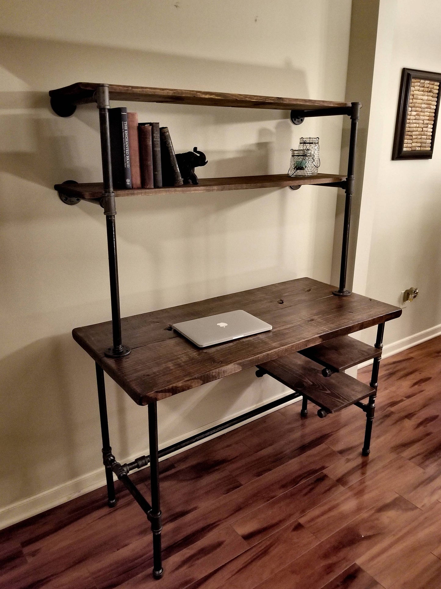 Steel and Wood Desk - Office Iron Pipe Desk with 2 Desk Shelves and 2 Wall Shelves - Multiple Shelf