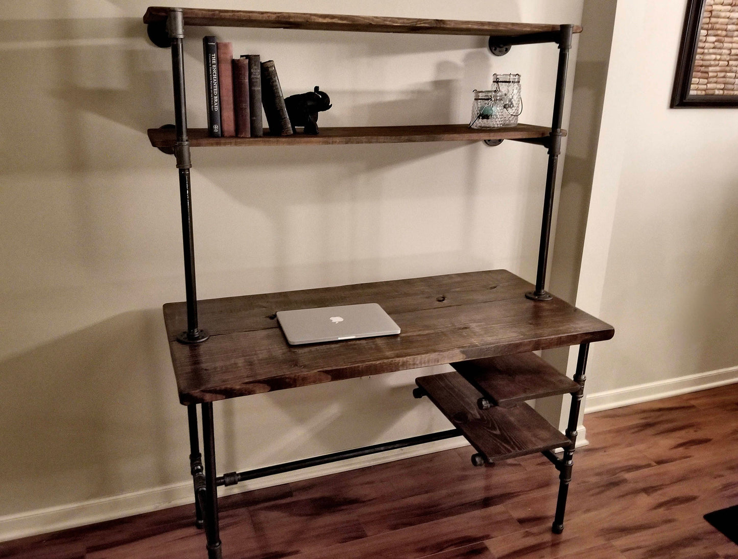 Steel and Wood Desk - Office Iron Pipe Desk with 2 Desk Shelves and 2 Wall Shelves - Multiple Shelf