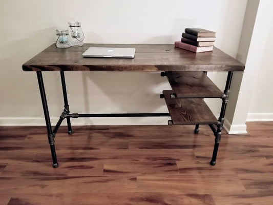 Steel and Wood Desk - Office Iron Pipe Desk with 2 Shelves