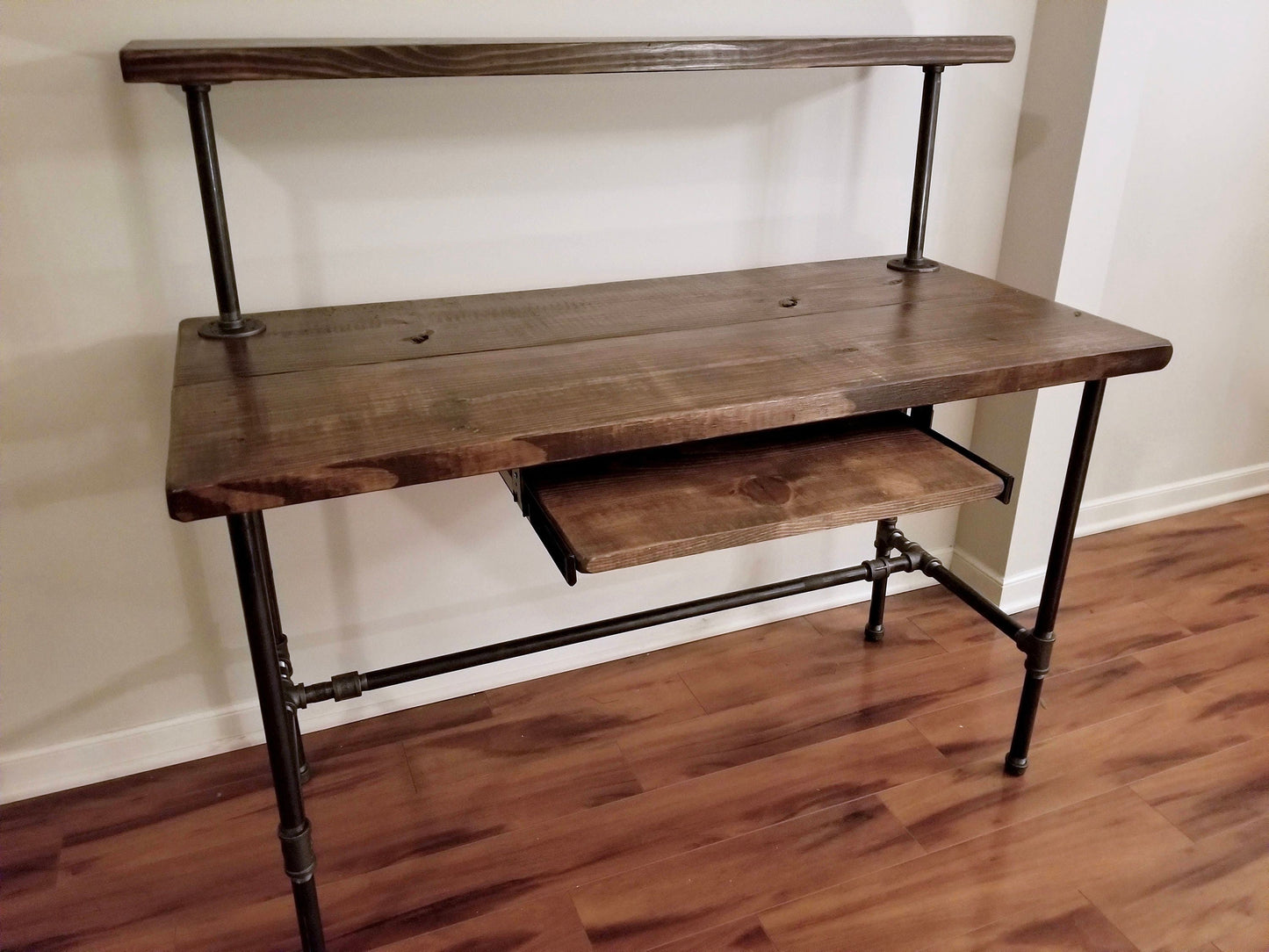 Steel and Wood Desk - Office Iron Pipe Desk with Monitor Shelf and Keyboard Tray - Shelf Height Options Listed in Description