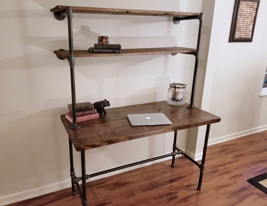 Steel and Wood Desk - Office Iron Pipe Desk with 2 Wall Shelves - Multiple Shelf - Free Shipping