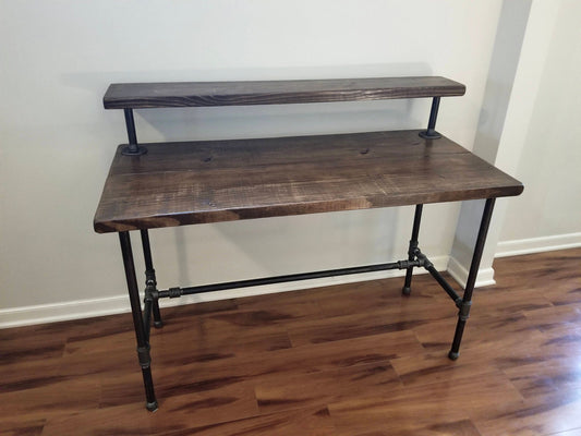 Steel and Wood Desk - Office Iron Pipe Desk with Monitor Shelf (7.5" above desk)