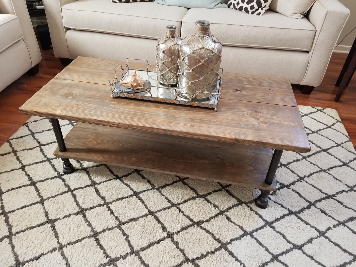 Steel and Wood Custom Edge Coffee Table with Shelf - Large Pipe