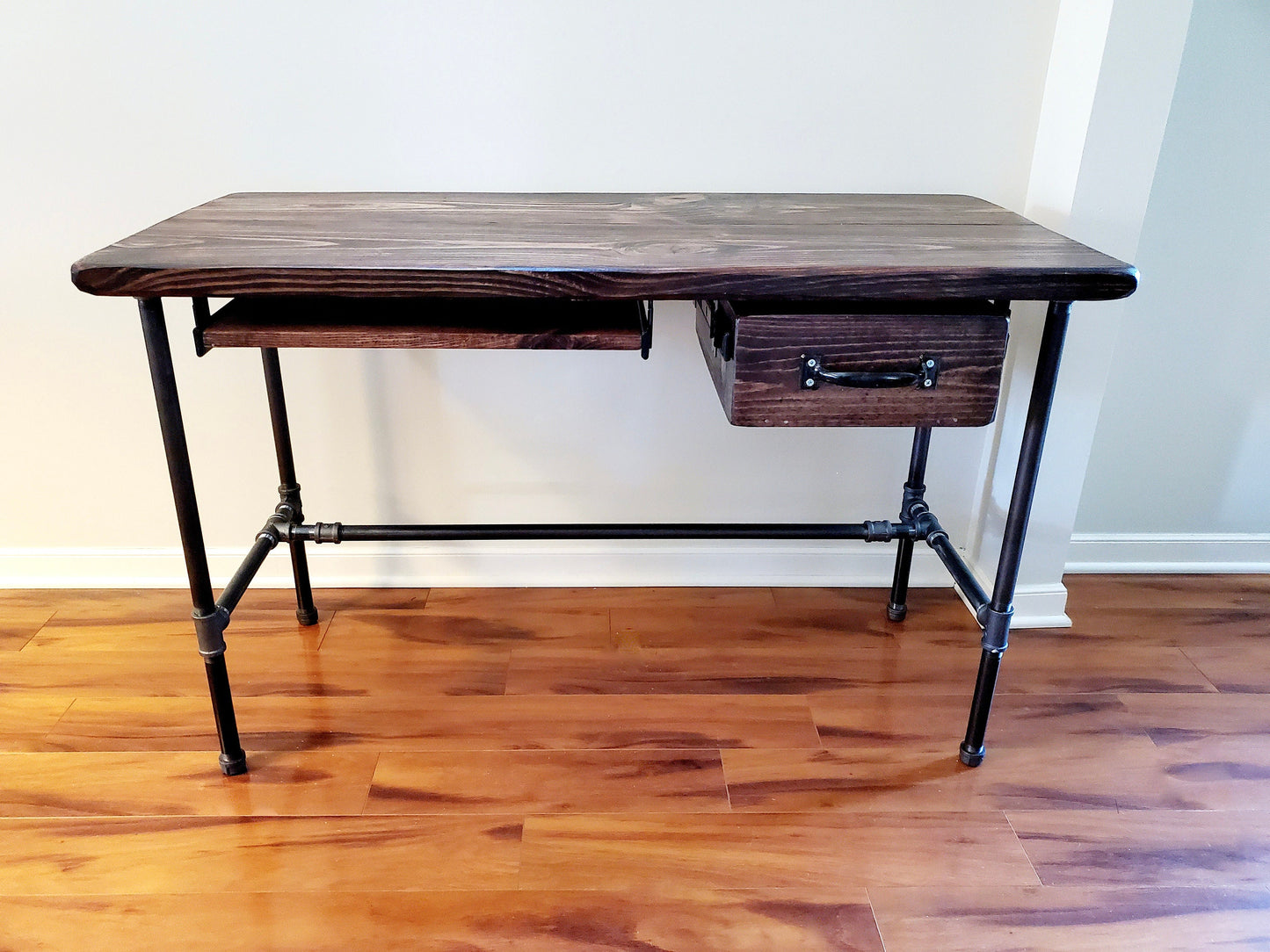 Steel and Wood Desk - Office Iron Pipe Desk with Drawer, Keyboard Tray, Home Office Furniture, Rustic Industrial Style