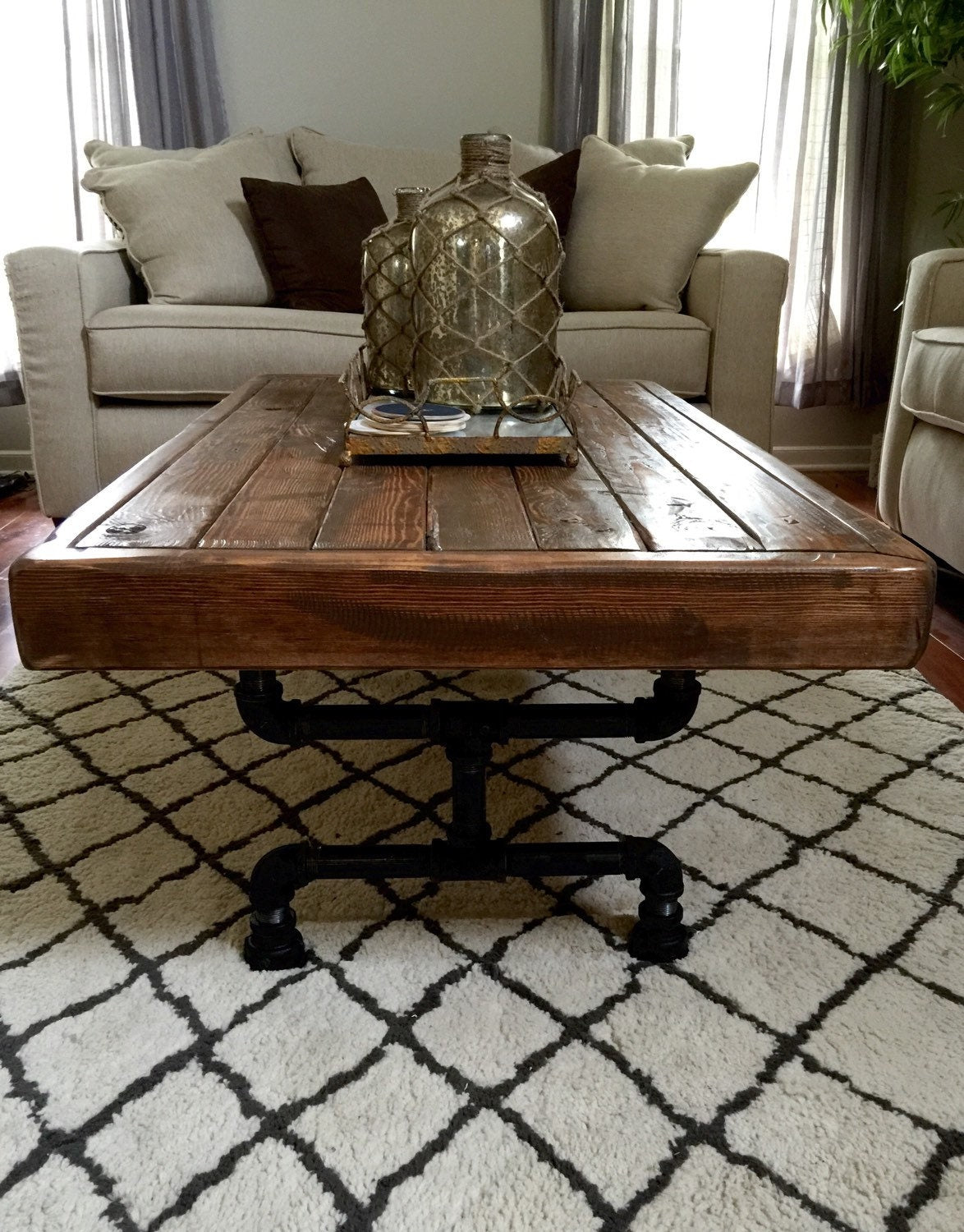 Steel and Pine Wood Weathered Coffee Table