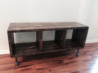 Steel and Pine Wood Media Table with Separated Shelving