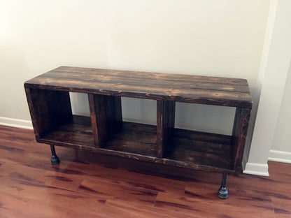 Steel and Pine Wood Media Table with Separated Shelving