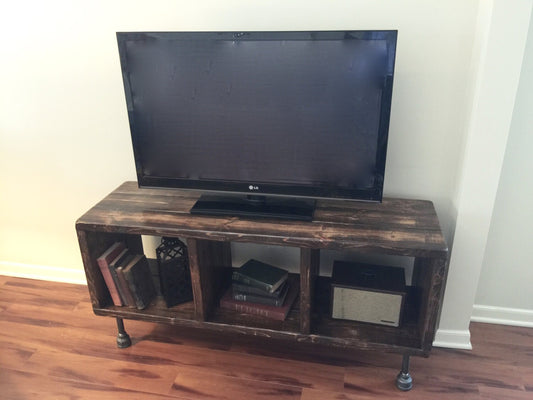 Steel and Pine Wood Media Table with Separated Shelving